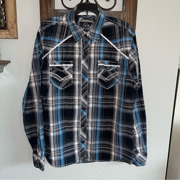Buckle Black Blue Plaid Long Sleeve Snap DowLarge Men’s - Picture 14 of 16